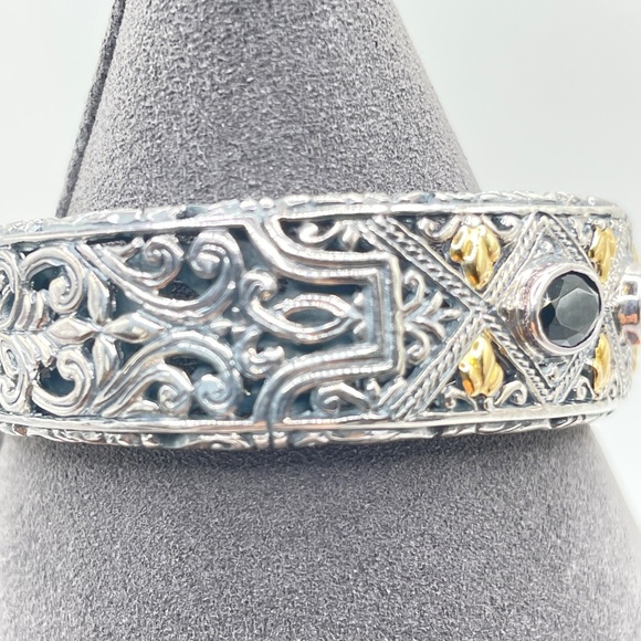 Robert Manse Signed 925 Sterling Silver 18K Onyx Cuff Bangle Bracelet - Picture 11 of 12